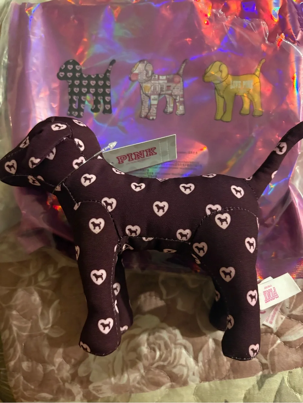 PINK Victoria's Secret Purple Plush Dog Toy with Pink Heart Print